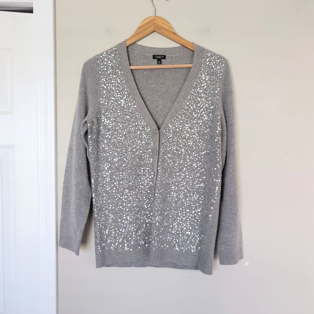 Talbots Lambswool Angora Blend Sequin Cardigan Sweater Gray Medium Holiday Bling